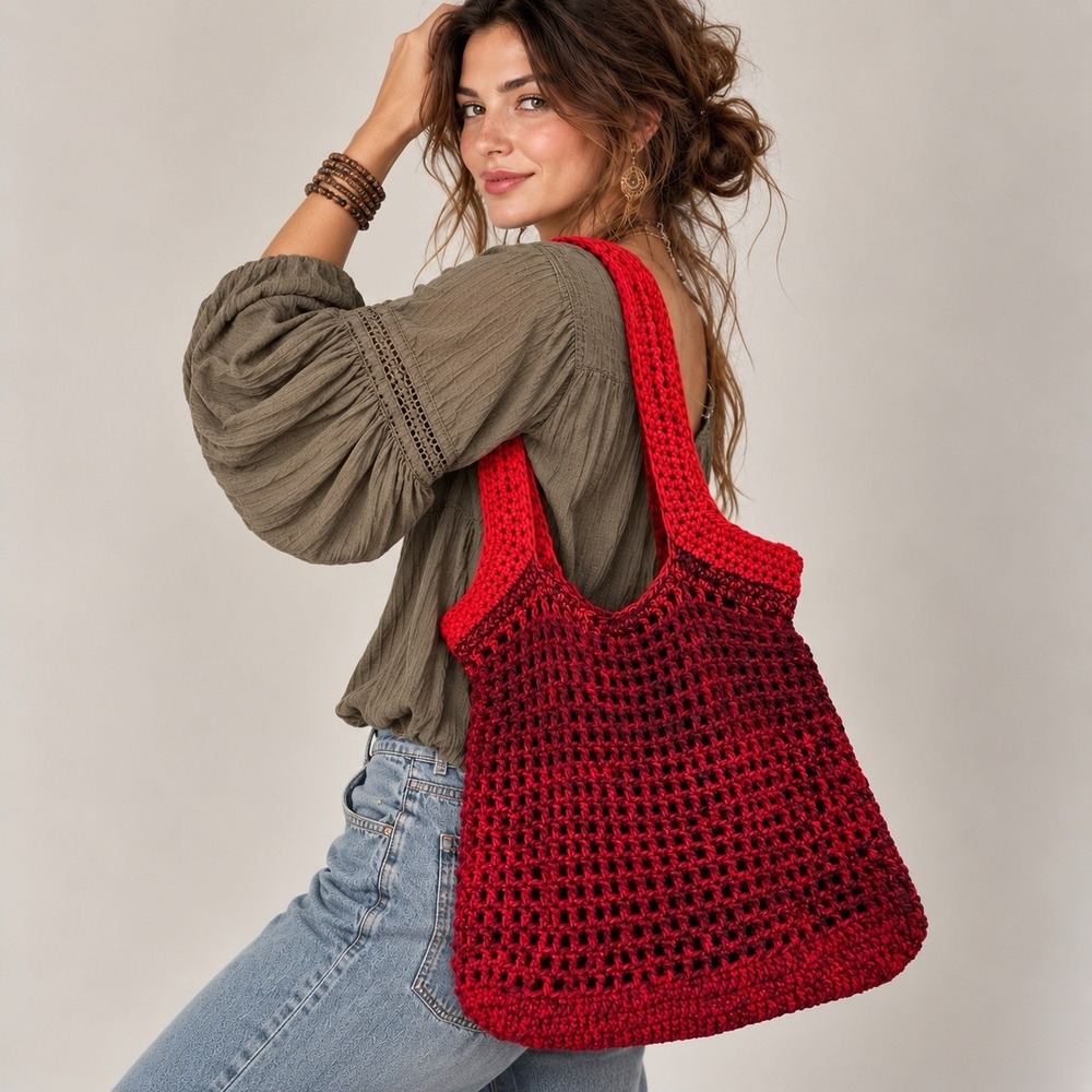 Handmade Crochet Tote Bag Red Burgundy Shoulder Purse Boho Artisan Slouchy Knit
